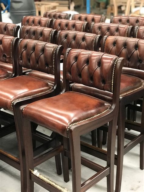 Regency Bar Stools In Hand Coloured Brown Leather Dark Oak Wood Stain