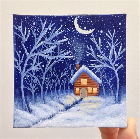 Mini Canvas Painting Snowy Winter Cabin Original Painting Etsy