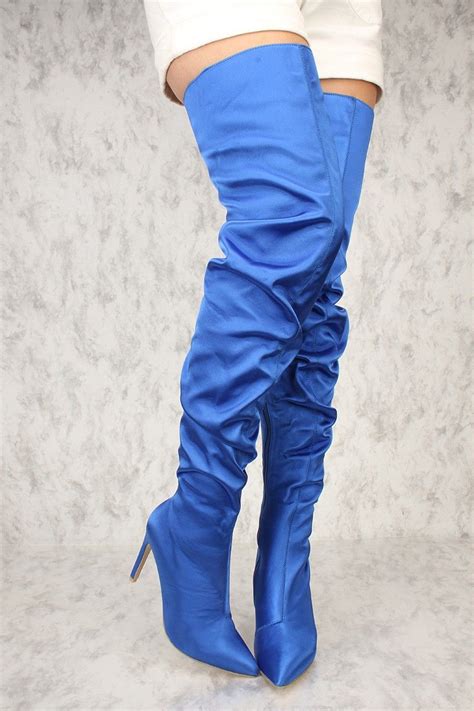 Buy Sexy Royal Blue Pointy Close Toe Slouchy Thigh High Boots With Cheap Price And High Quality