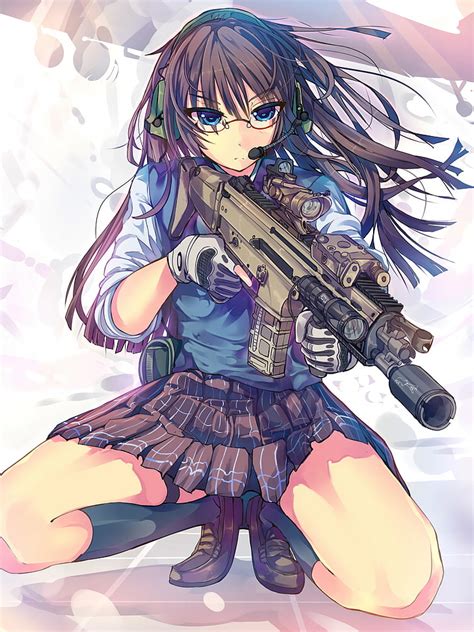 Hd Wallpaper Anime Anime Girls Knee Highs Skirt Gun Weapon Glasses Wallpaper Flare