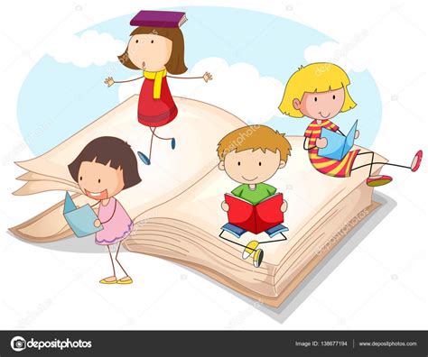 Muchos Niños Leyendo Libros Imagen Vectorial De