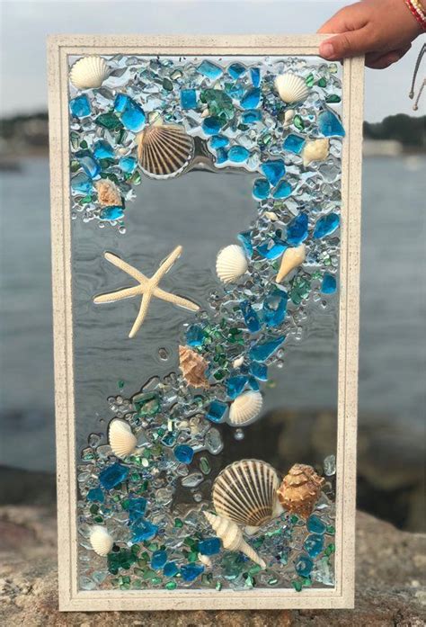 Beach Glass Coastal Window 21x 11 Mixed Media Sea Etsy Sea Glass Mosaic Seashell Wall Art