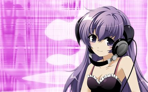Cute Anime Girl Purple Hair With Headphones Wallpaper
