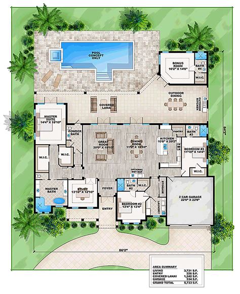 House Plan 52912 Florida Style With 3731 Sq Ft 4 Bed 4 Bath 1 Half