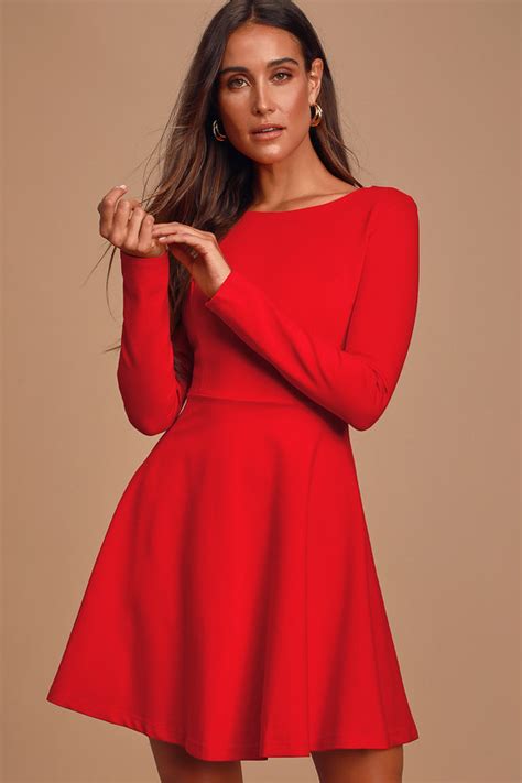 Cute Red Dress Long Sleeve Dress Skater Dress 5700 Lulus