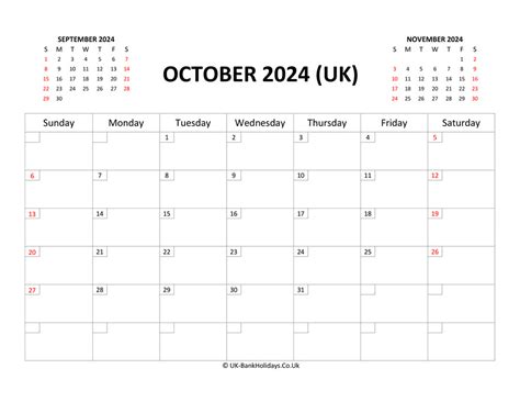 October 2024 Calendar Printable With Bank Holidays Uk