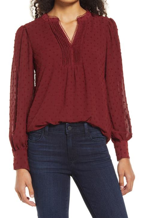 Cece Clip Dot Long Sleeve Blouse In Claret Red Modesens