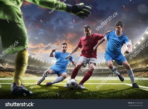 Soccer Players Action On Sunset Stadium Stock Photo 432493366
