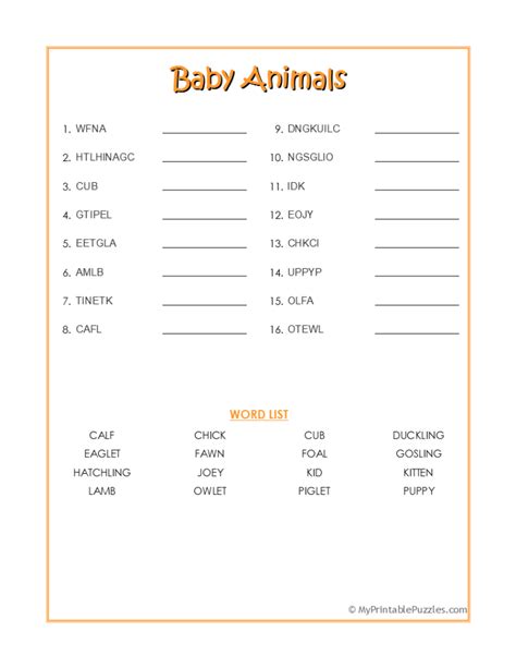Baby Animal Word Scramble My Printable Puzzles