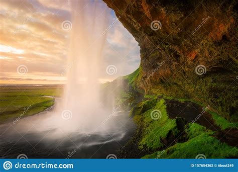 Beautiful Waterfall Seljalandsfoss At The Sunset In Iceland Stock Photo