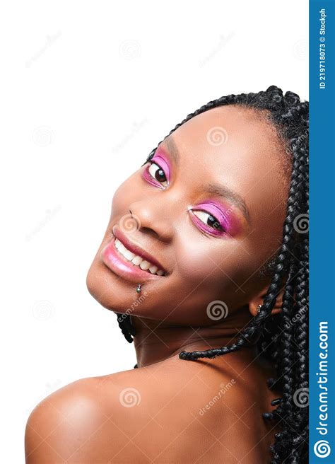 emotional portrait african american girl pink make up visage white background stock image