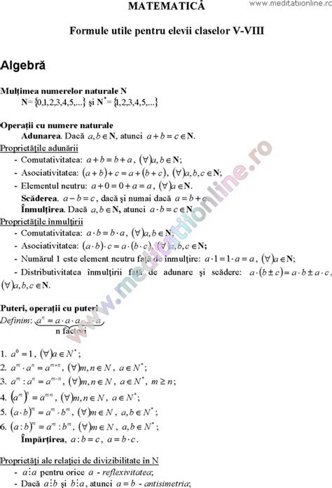 Formule Matematica Gimnaziu 5 8 Formule Si Teorie Algebra Clasele 5 8