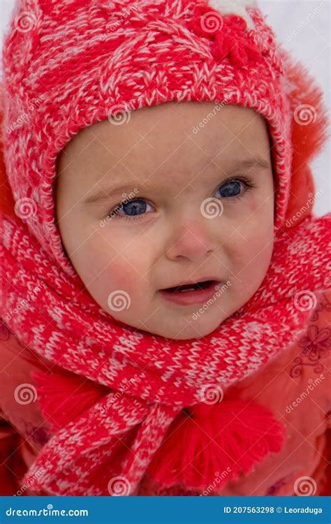 Winter Close Up Outdoor Portrait Of Adorable Baby Girl Close Up Stock
