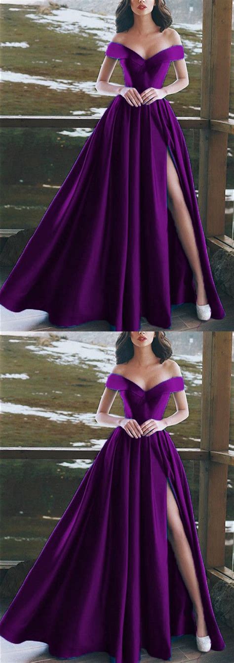 Elegant V Neck Off The Shoulder Long Satin Prom Dresses Purple Evening Gowns With Split On Luulla