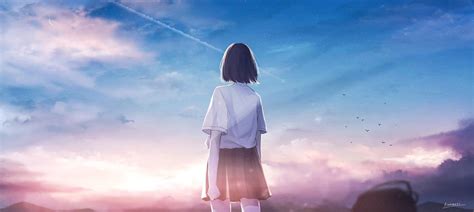 Anime Anime Girls Original Characters Short Hair Dark Hair Cats Airplane Night Sky