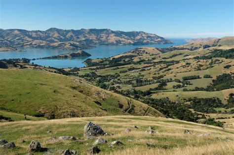 Panoramic View Of Akaroa Banks Peninsula Christchurch New Zealand