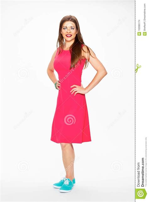 Red Dress Full Body Smiling Model Young Woman White Backgrou Stock