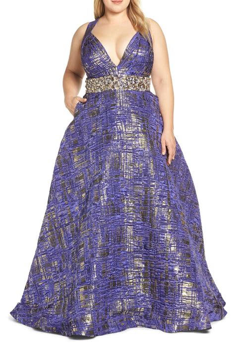 Mac Duggal Rhinestone Waist Metallic Print Evening Dress Plus Size