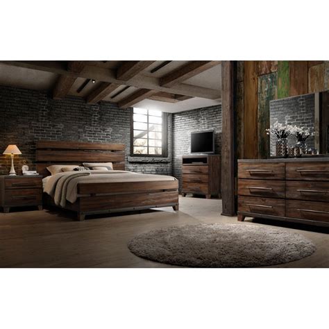 Meridian furniture grande collection modern | contemporary velvet upholstered bed with luxurious deep button tufting and stainless steel legs in polished chrome finish, navy, king. Modern Rustic Brown 4 Piece King Bedroom Set - Forge | RC ...