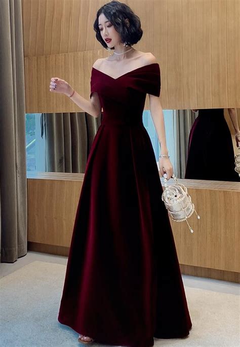 Beautiful Dark Red Velvet Off Shoulder Bridesmaid Dress A Line Long P Cutedressy