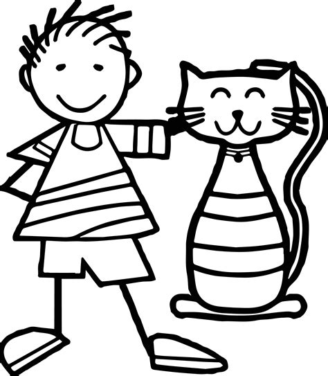 Boy And Cat Coloring Page