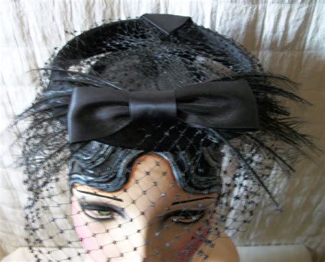 Vintage Mourning Hat Veil Feathers Bow Jet Black Funeral