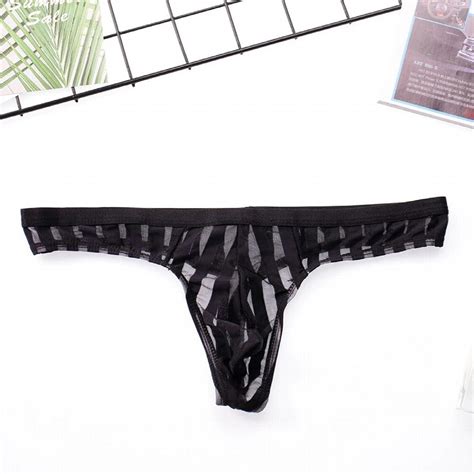 Sexy Mens Thong See Through Transparent Striped Underwear Breathable