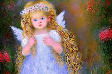 A Beautiful Little Girl Angel With Long Blond Curly Hair With Halo In