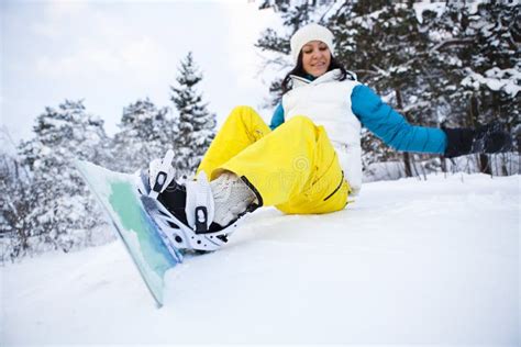 Winter Woman With Snowboard Stock Photo Image Of Adult Lifestyle