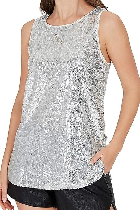 Buy Womens Sparkle Sequin Top Sleeveless Round Neck Shimmer Camisole Vest Sequin Tank Tops For