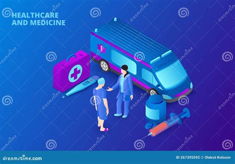 Dark Medical Concept With Ambulance Car And Doctors Isometric Vector