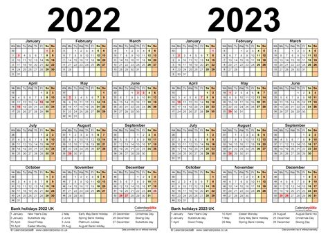 Two Year Calendars For 2022 And 2023 Uk For Excel