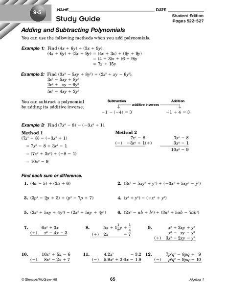 Adding And Subtracting Polynomials Worksheet For 9th Grade Lesson Planet
