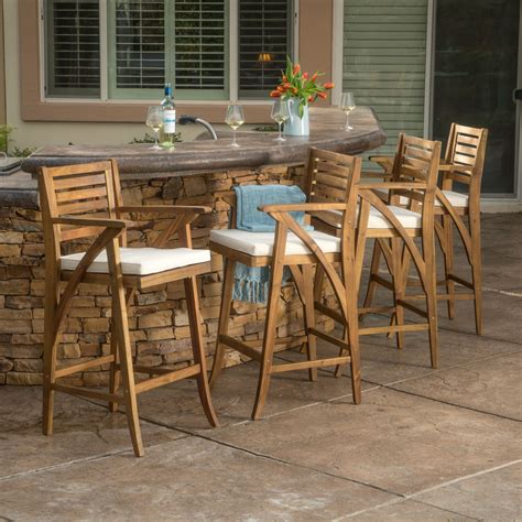 Hermosa Outdoor Acacia Wood Barstool With Cushion Set Of 4 By