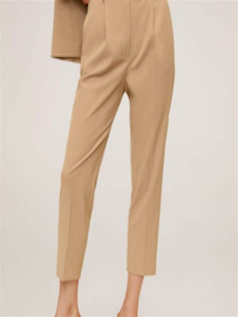 Buy Mango Women Beige Regular Fit Solid Cropped Smart Casual Trousers