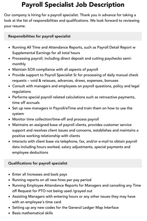 Payroll Specialist Job Description Velvet Jobs