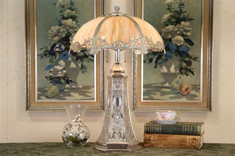 Table Lamp Silver And Curved Stained Glass Shade 1915 Antique
