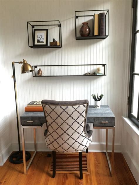 Contemporary Home Office Nook Features Floating Shelves Contemporary