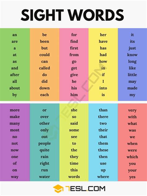 Colorful Sight Words Chart Tcr ADA