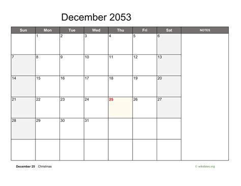 December 2053 Calendar With Notes