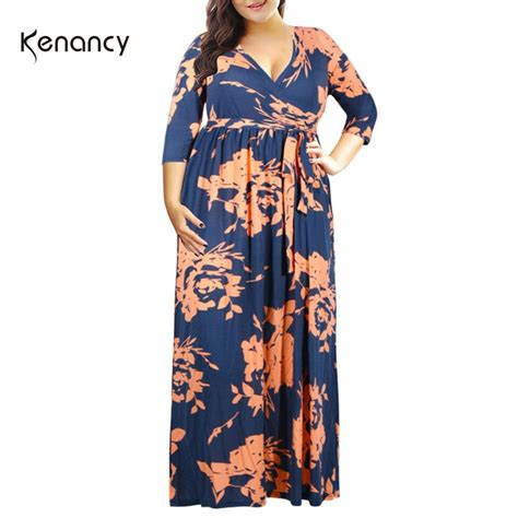 Kenancy Plus Size Women Maxi Dress Floral Print Sexy V Neck 34 Sleeves