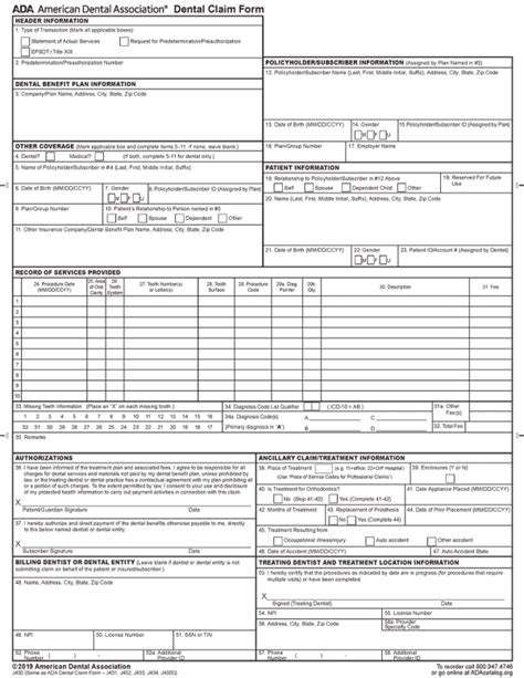 Blank Printable Ada Dental Claim Form A Services Delivered By A
