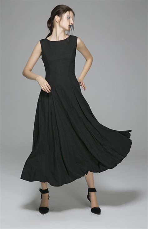 Long Black Linen Dress Women Maxi Dress Sleeveless Prom Dress1395