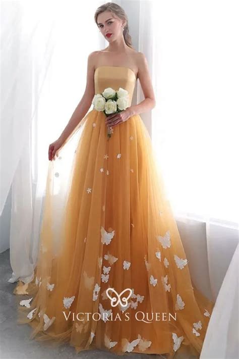 White Butterfly Embellished Tangerine Tulle Prom Dress Vq