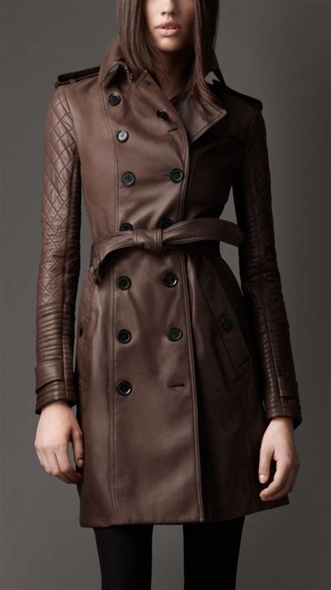 womens brown long leather quilted sleeve trench coat leather trench coat long leather coat