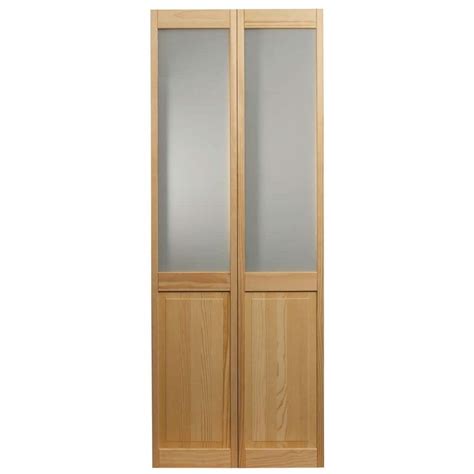Pinecroft 36 In X 80 In Frosted Glass Over Raised 1 2 Lite Panel Pine Wood Interior Bi Fold