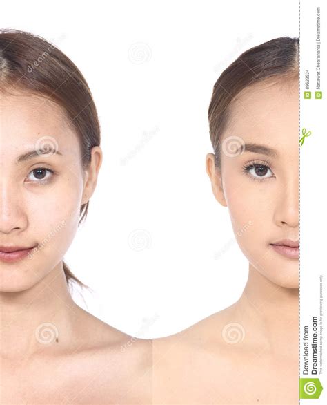 Asian Woman Before And After Make Up Hair Style No Retouch Stock