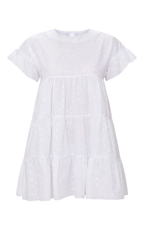White Broderie Anglaise Smock Dress Dresses Prettylittlething Ie