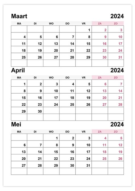 Kalender Maart April Mei 2024