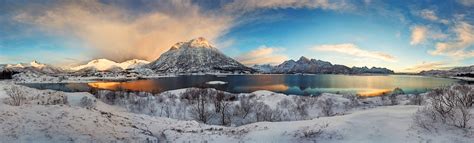 Winter Lofoten Norway Mountains Snow Fjord Panoramas